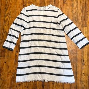 MAXMARA Women's 100% Linen Navy Blue Cream Nautical Striped Midi Dress Size 8‎